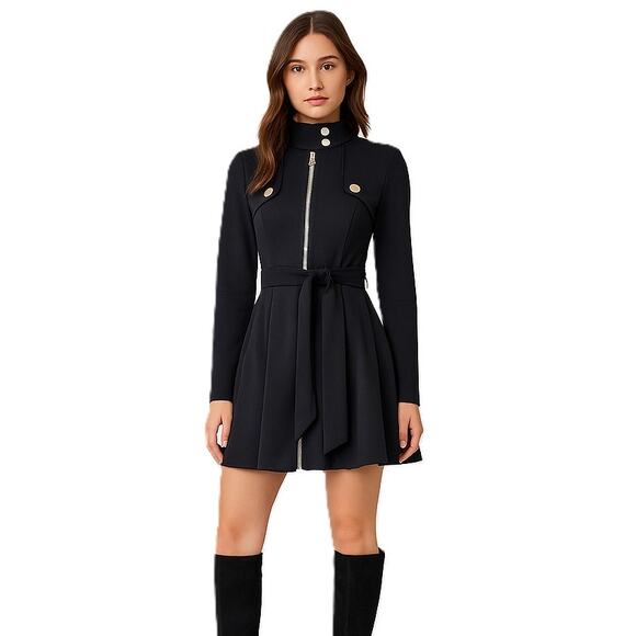 Main Strip Black Zip-Front Belted Dress Moto/Military Fit & Flare Size S - Picture 1 of 14